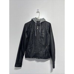 J2 Women's Gray Leather Jacket Faux Size L Detachable Hood Lining Warm